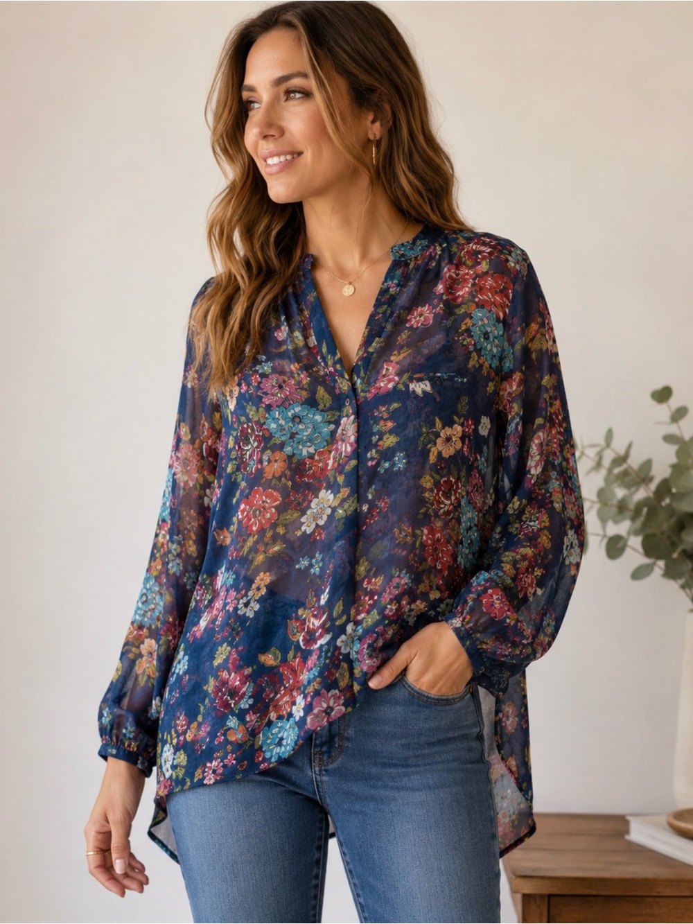 KUT From The Kloth Blue Floral Sheer Peasant Blouse Top Women Large Boho - Picture 3 of 7